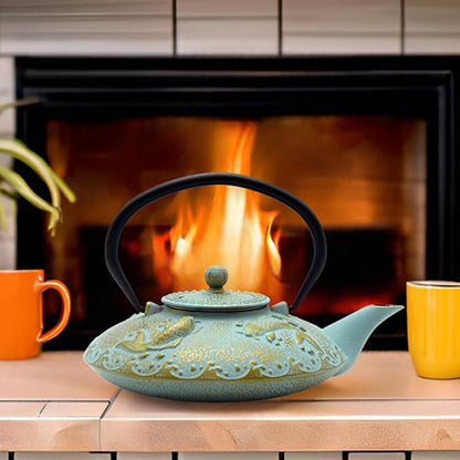 27.1oz Small Cast Iron Teapot, SECHUDO Japanese Style Tea Kettle Coated with Enameled Interior for Stovetop Safe,Cast Iron Tea Pot with Stainless Steel Strainer for Loose Leaf,Flat Fish Pattern(800ml)