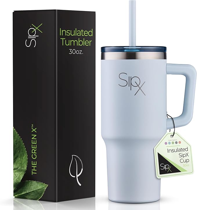 SIPX™ Insulated Tumbler With Lid And Straw, 30oz. Tumbler With Handle Keeps Cold 12 Hours, Water Bottle Thermos With Lid, BPA-Free Reusable Insulated Coffee Tumblers, Travel Mug Great For Beach Party