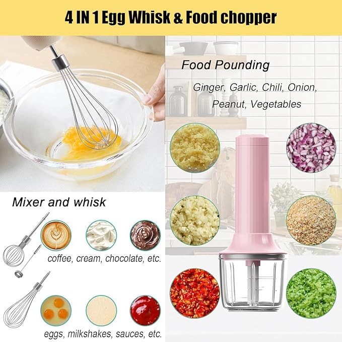 Cordless Hand Mixer with Whisk and Forther Wand,Electric Whisk, Milk Frother,Coffee Frother, Whisks for Cooking,Handheld Frother,Food Chopper, Baby Food Maker,4-Speed, 10Oz