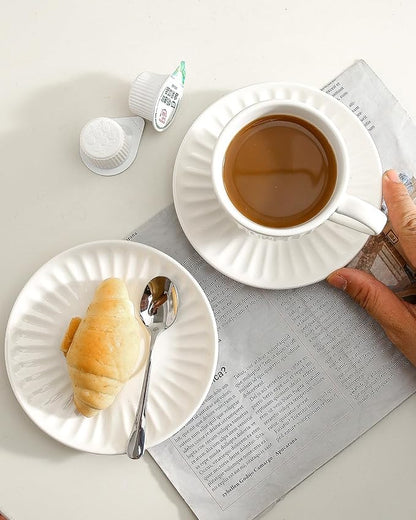 Ceramic Espresso Cups with Saucers 8 Oz,Set of 4 Porcelain Demitasse Cups Set,Small Coffee Cups with Handle for Coffee,Tea,Latte and Macchiato,Cappuccino Mugs for Kitchen and Cafe,White