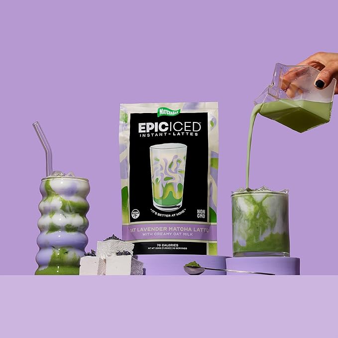 Matchabar Epic Iced Instant Latte Powder | Lavender Oat Matcha w/Oat Milk Base | Low Sugar, Non-Diary & Vegan Instant Iced Matcha Powder | Barista-Quality Creamy Latte Mix | 10 Servings