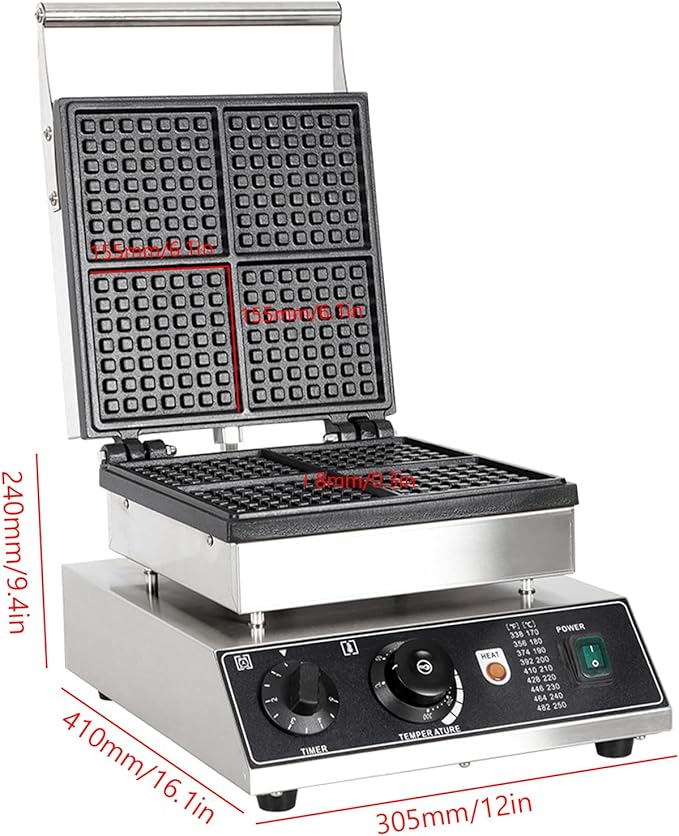 Industrial Waffle Maker 1750W Square Waffle Iron, 110V Non-Stick Waffle Baker Machine, 4 Slice Belgian Waffle Maker Teflon-Coated Baking Pans Stainless Steel Body,50-300℃/122-572℉ Adjustable