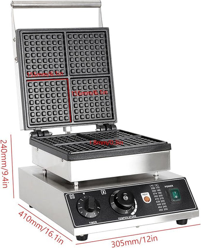Industrial Waffle Maker 1750W Square Waffle Iron, 110V Non-Stick Waffle Baker Machine, 4 Slice Belgian Waffle Maker Teflon-Coated Baking Pans Stainless Steel Body,50-300℃/122-572℉ Adjustable