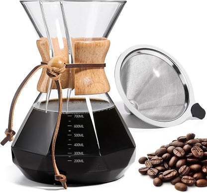 Pour Over Coffee Maker 27 OZ, 8 Cup Borosilicate Glass Drip Coffee Maker with Reusable Stainless Steel Filter and Cork Grip for Home Café 800 ML (Diamond Shape)