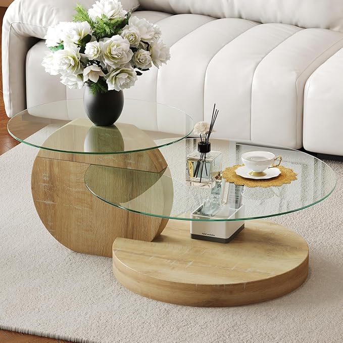 42 Inch Glass Coffee Table，Round Coffee Table with 2-Tier Tempered Glass Tabletop，Easy to Clean Circle Coffee Table with Sturdy Base for Living Room，Office (Natural Wood-Colored Base)
