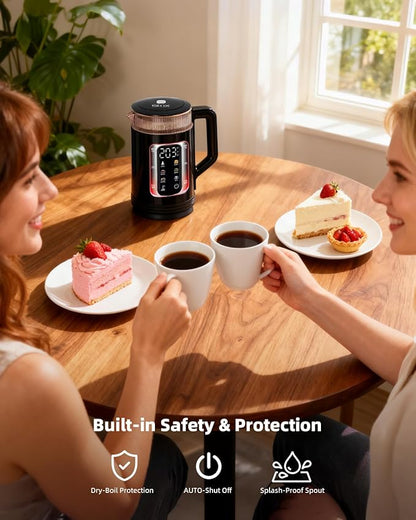 Electric Tea Kettle with Temperature Control, 1.5L Glass smart Water Boiler for Tea, Coffee & Boil, Automatic Shut Off, 12h Keep Warm & One-Touch 6 Presets