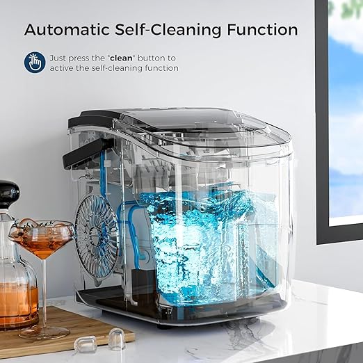 Kismile Ice Makers Countertop with Handle,26Lbs/24H,9 Cubes in 6 Mins,Portable Ice Machine with Self-Cleaning for Home,Kitchen(Black)