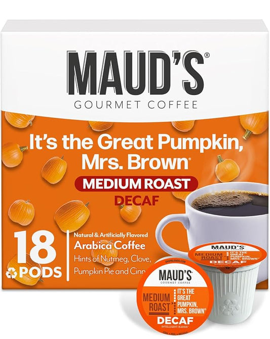Maud's Decaf Pumpkin Spice Flavored Coffee Pods, 18 ct, Medium Roast Flavored Coffee in Recyclable Single Serve Pods – 100% Arabica Beans, Compatible with Keurig K Cups Maker