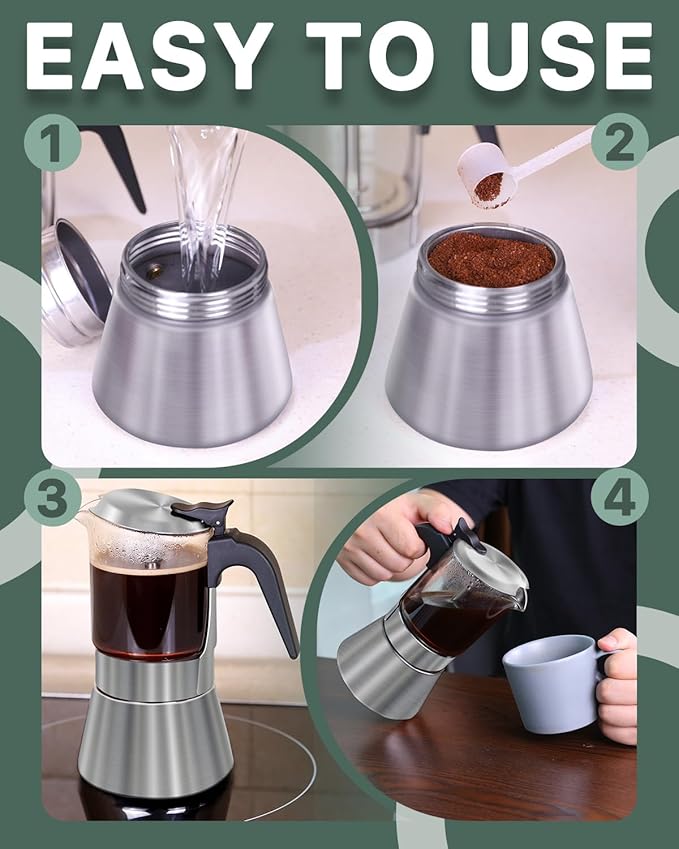 Grasseed Crystal Glass-Top Moka Pot, Brushed Stainless Steel Stovetop Espresso Maker for Italian Coffee - 9 Cup/360ml/12.6oz