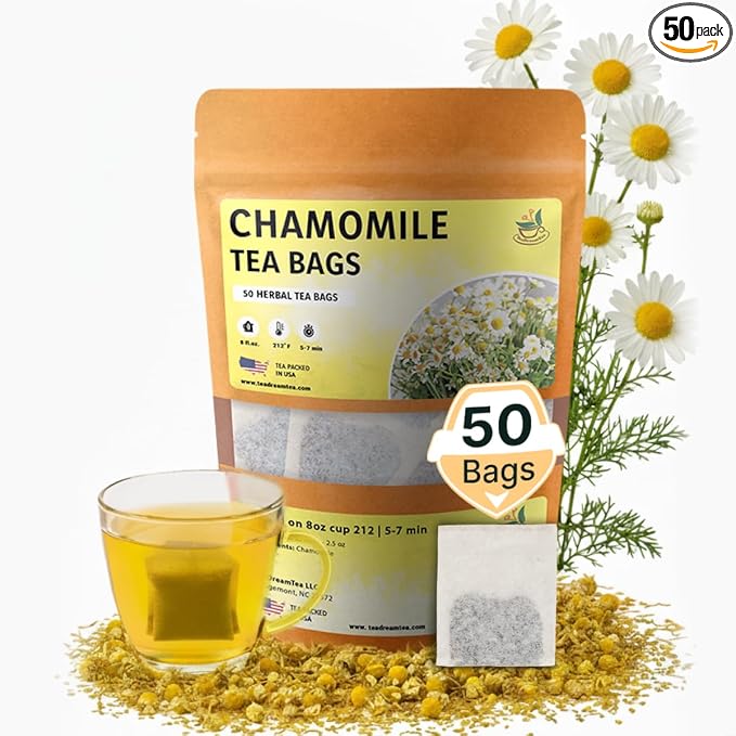 Chamomile Tea Bags - 50 Bags (Premium Natural Pure Leaf Tea - 50 Count) Gluten-Free and Caffeine-Free Herbal tea for Relaxation, Wallness, Immune Support with Smooth Taste