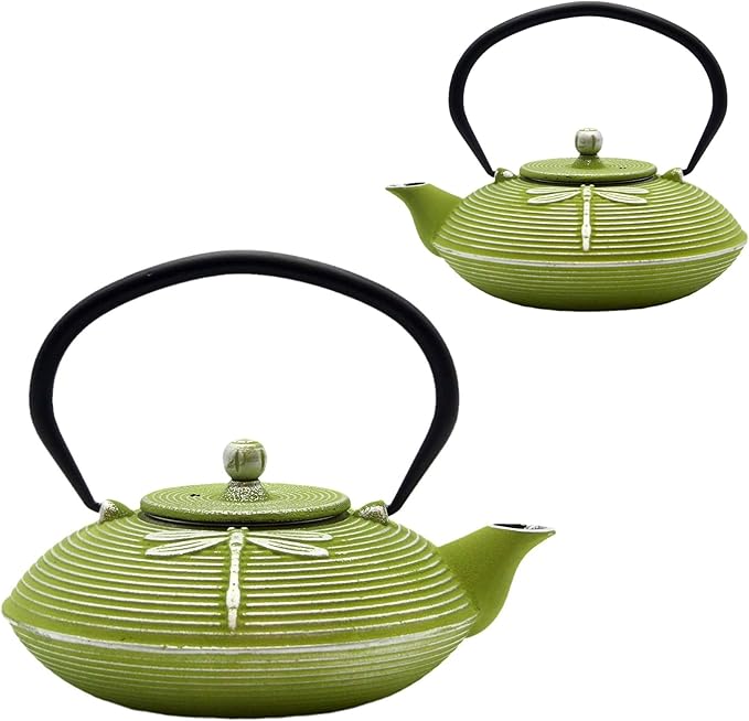 Cast Iron Teapot,SECHUDO Tea Kettle Coated with Enameled Interior for Loose Tea,Cast Iron Teapot with Stainless Steel Infuser for Stovetop Safe (27.1oz Flat Dragonfly Pattern)