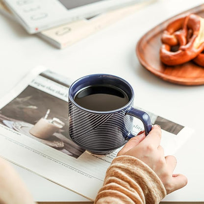Stackable Coffee Mugs Set: 13 oz Ceramic Stacking Cups for Cappuccino Latte Tea - Microwave Safe Mug for Home & Office - 4 PCS, Navy