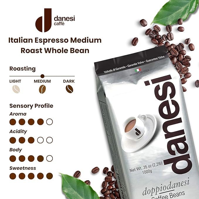 Danesi Caffe Italian Whole Coffee Beans - Espresso Coffee Beans and Medium Roast Whole Bean - Perfect for Espresso Machines, French Press, and Home Brewing - Doppio (2.2 lb)