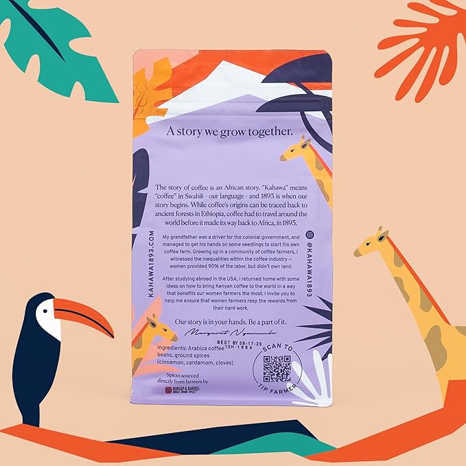 Kahawa 1893 Ground Coffee Medium Roast African Spice 12 Oz - With Cinnamon, Cardamom & Clove, As Seen on Shark Tank, High Antioxidants, Organically Grown, Ethically & Sustainably Sourced