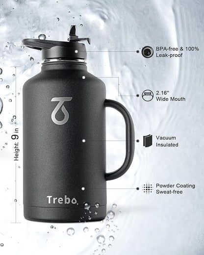 Trebo 64 oz Water Bottle Insulated with Handle, Half Gallon Stainless Steel Metal Large Water Jug, Travel Flask with Straw Spout Lid, Wide Mouth Mug with Carry Pouch, Keep Cold Hot, Black