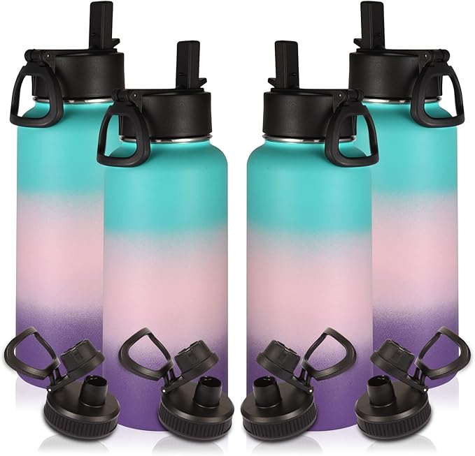 Volhoply 32oz Insulated Water Bottles Bulk 4 Pack with Straw Lid&Spout Lid,Stainless Steel Sports Water Bottle,Double Wall Vacuum Cups,Leakproof Wide Mouth Metal Flask for Travel(Gradient Color,4)