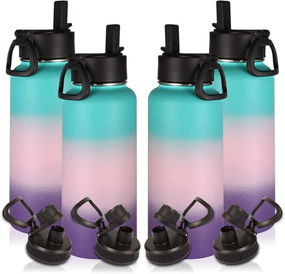 Volhoply 32oz Insulated Water Bottles Bulk 4 Pack with Straw Lid&Spout Lid,Stainless Steel Sports Water Bottle,Double Wall Vacuum Cups,Leakproof Wide Mouth Metal Flask for Travel(Gradient Color,4)