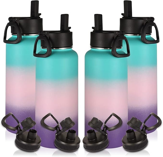Volhoply 32oz Insulated Water Bottles Bulk 4 Pack with Straw Lid&Spout Lid,Stainless Steel Sports Water Bottle,Double Wall Vacuum Cups,Leakproof Wide Mouth Metal Flask for Travel(Gradient Color,4)