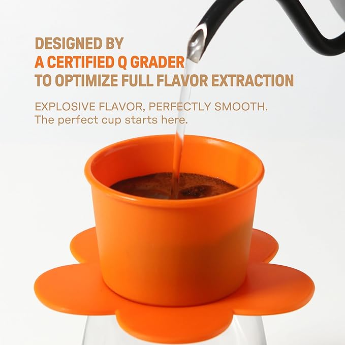 [Holiday Gift] Vietnamese Phin Filter, Plastic Reusable Pour Over Coffee Dripper, Single Cup Coffee Filter with Flower Design for Manual Brewing, Gift for Christmas Thankgiving (Orange)
