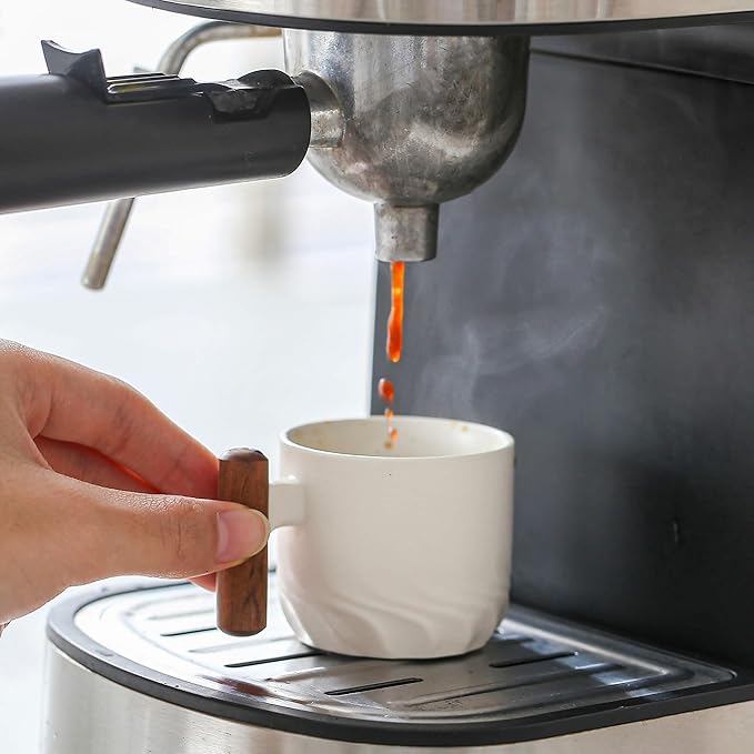 Espresso Cups Set of 2, Small Tea Cups, 2.1oz Ceramic Espresso Cups with Wooden Handle