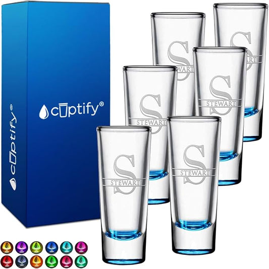 Personalized Shot Glasses Set of 6 Lite Blue Bottom Custom 2 oz Cordial Shot Glass Initial and Name for Gifts, Weddings, Birthdays, Party, Event, Decorations