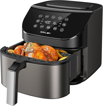 Air Fryer 6.8 Quarts, 10-in-1 Functions, Air Fry, Roast, Bake, Broil, Dehydrate, Large & Compact Air Fryers, Nonstick & Dishwasher-Safe Airfryer Basket, Stainless Steel Air Fryer, Metal Grey