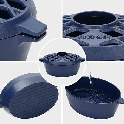 G Good Gain Wood Stove Steamer, Fireplace Humidifier, Cast Iron Humidifier for Stove, Matte Blue Finish, Rust Resistant, Lattice Top, 2.5 Quart Capacity, Wood Burning Stove Indoor Decorative