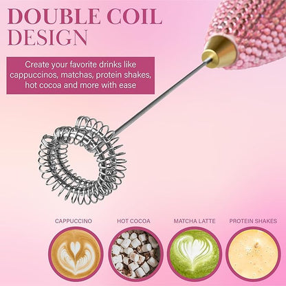 Paris Hilton Electric Rhinestone Handheld Milk Frother with Double Coil Head Whisk and Gold Metal Stand, Battery Powered (2 AA Batteries Required but Not Included), Pink