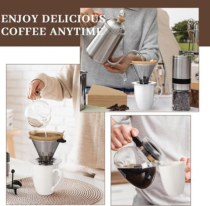 Pour Over Coffee Maker Set Stainless Steel Reusable Pour Over Coffee Dripper Paper Filters and Mug with 100 Pcs Disposable Natural Paper Filters for 1-2 Cup for Cafe Restaurant Home Office