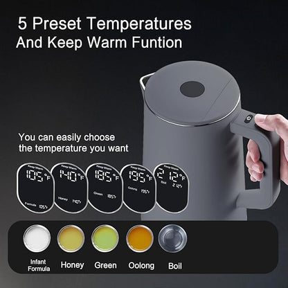 1.5L Electric Kettle Stainless Steel, Double Wall Cool Touch Teapot, Fast Boil,5 Temperature Control, LED Display, Auto Shut-Off, BPA-Free,Keep Warm Function, Ideal for Tea & Coffee,Gray