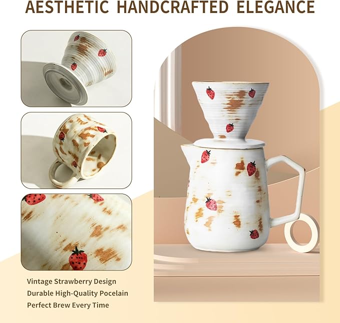 Handcrafted Pour Over Coffee Maker Set with Coffee Cup with Strawberry Pattern 20 Count Paper Filter V60 Drip Coffee Maker 20 oz Coffee Dripper (Strawberry)