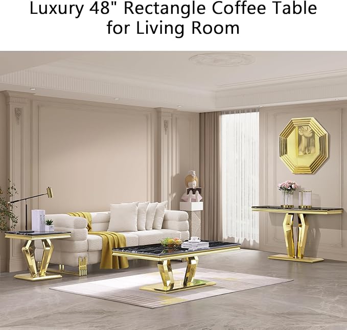 3 Piece Living Room Table Set of 3, Luxury Black and Gold Coffee Table Set with Console Table and End Table for Home Office 1Coffee+1Console+1End