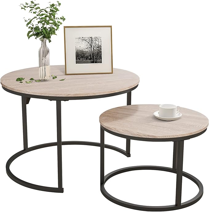 Industrial Round Coffee Table Set of 2 End Table for Living Room,Stacking Side Tables, Sturdy and Easy Assembly,Wood Look Accent Furniture with Metal Frame,Black+Teak Oak