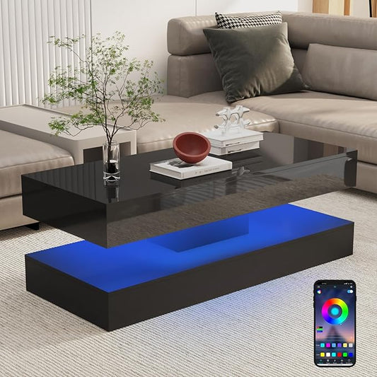 Uspeedy 47.3in Large High Glossy LED Coffee Table with 2 Storage Drawers,Black/White Modern Coffee Tables for Living Room,Living Room Tables,APP LED Lights (Black)