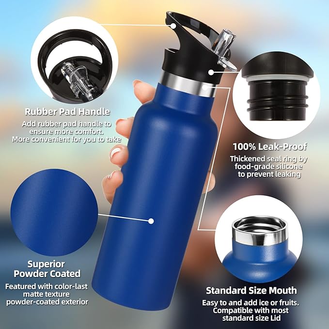 Volhoply 17oz Insulated Water Bottle Bulk 2 Pack,Stainless Steel Kids Water Bottles with Straw Lid,Double Wall Vacuum Metal Water Bottle,Reusable Sports School Flask Keep Cold (Navy,2 Set)