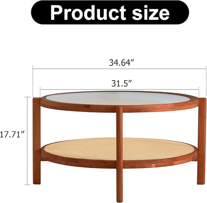 Mid Century Modern Coffee Table with Glass Top and PE Rattan Storage Shelf, 2-Tier 35 Inch Solid Wood Round Boho Coffe Table, Unique Center Table for Livinig Room Apartment Small Space