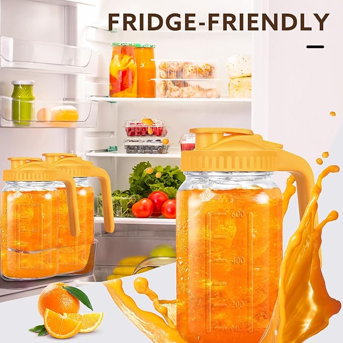 Glass Pitcher with Lid, 64 OZ Mason Jar Pitcher Double Leak Proof, 2 Quart Breast Milk Storage Containers for Fridge, Wide Mouth Glass Jar for Sun Tea, Juice, Cold Brew Coffee