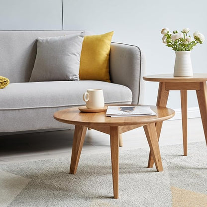 100% Solid Oak Wood Coffee Table Set, Round Coffee Table Combo Side Table w/Solid Wood Legs, Mid Century Table Sturdy Tables for Bedroom Balcony Living Room (Natural, Small-Medium Combo)