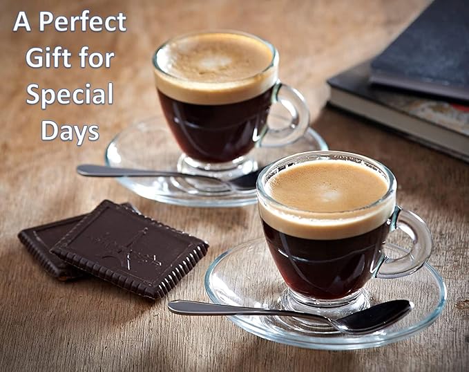 BOHEM'S Espresso Cups, 3.2 oz Small Demitasse Clear Glass Espresso Drinkware, Set Of 6, Cups and Saucers, Espresso Shot Glasses, Clear Expresso Coffee Cups, Tazas de Cafe Expreso