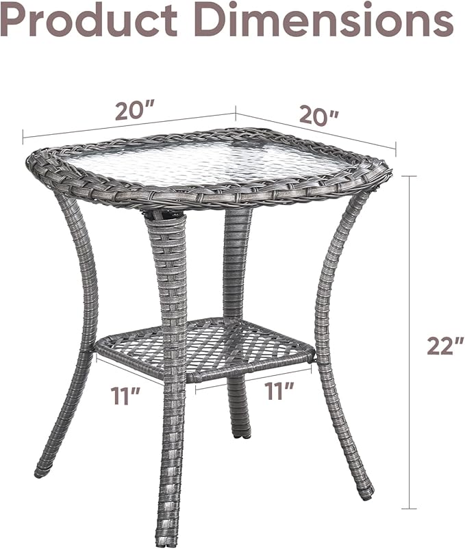 Patio Wicker Side Table, Outdoor PE Rattan End Table with 5mm Tempered Glass Top and 2-Tier Storage Shelf, 20" Square Coffee Table for Deck Porch Garden Backyard-Grey