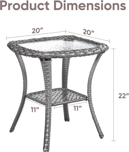 Patio Wicker Side Table, Outdoor PE Rattan End Table with 5mm Tempered Glass Top and 2-Tier Storage Shelf, 20" Square Coffee Table for Deck Porch Garden Backyard-Grey