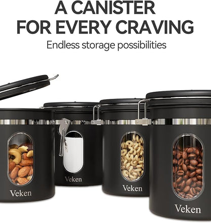 Veken Coffee Canister with Window, Airtight Stainless Steel Kitchen Food Storage Container with Lids, Date Tracker and Scoop for Grounds Coffee, Beans, Tea, Flour, Cereal, Sugar Jars, 16OZ, Black