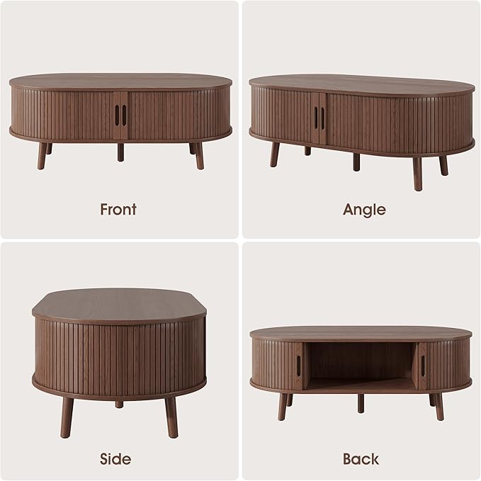 Alohappy Oval Coffee Table, Mid Century Modern Coffee Table with Sliding Tambour Door, Fluted Center Table with Hidden Storage, Curved Profile Dining Table for Living Room, Home Office,Walnut