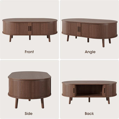 Alohappy Oval Coffee Table, Mid Century Modern Coffee Table with Sliding Tambour Door, Fluted Center Table with Hidden Storage, Curved Profile Dining Table for Living Room, Home Office,Walnut