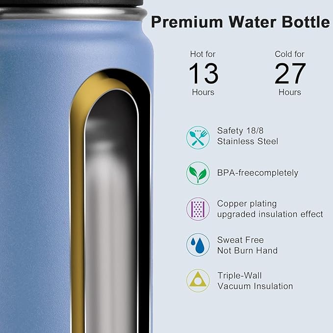 Koodee Insulated Water Bottle, 22 oz Stainless Steel Double Wall Vacuum Wide Mouth Sport Bottle with Leakproof Spout Lid (Royal Blue)