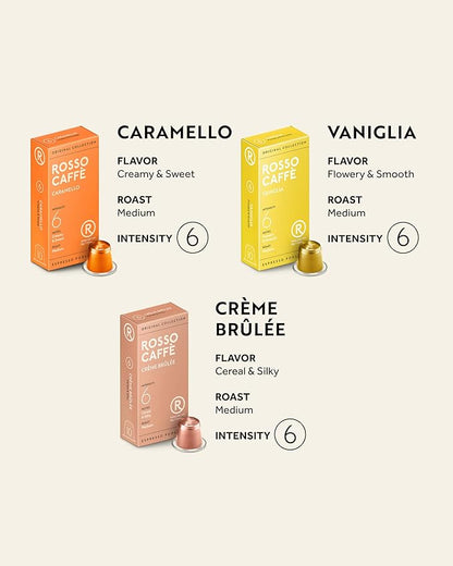 ROSSO CAFFÈ 60 Espresso Coffee Pods for Nespresso Original Machines - Pack of Premium Capsules, 4 Rich and Balanced Flavors (Chocolate, Vanilla, Crème Caramel, Hazelnut)