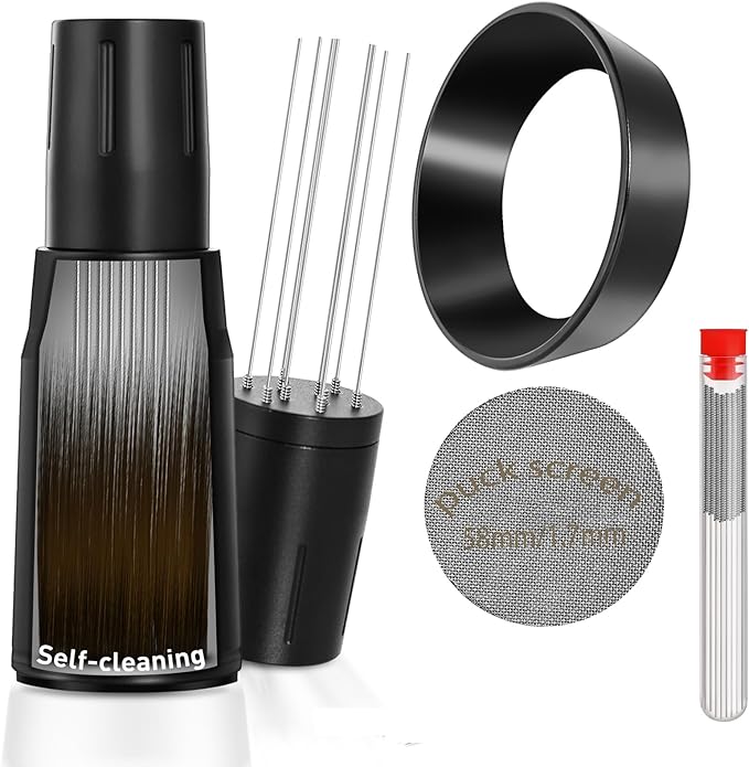 WDT Tool Espresso Distributor Accessory kit &1.7mm Thickness 150μm Mesh Puck Screen & 8 Magnets dosing ring Compatible with Portafilter (WDT +58MM Black dosing ring&puck screen)