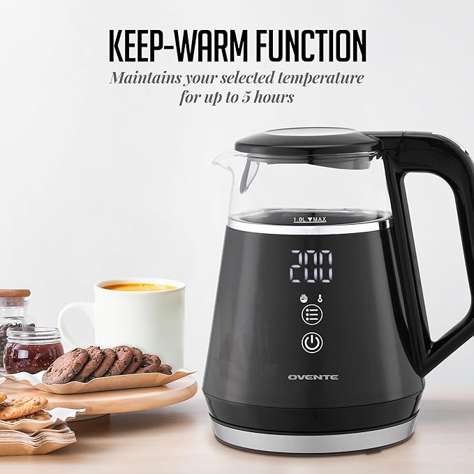 OVENTE Electric Kettle with 5 Temperature Control Presets, LED Digital Display, 5Hr Keep Warm Function, Auto Shut-Off and Boil Dry Protection, 1500W BPA Free Glass Water Heater and Boiler, Black KD95B