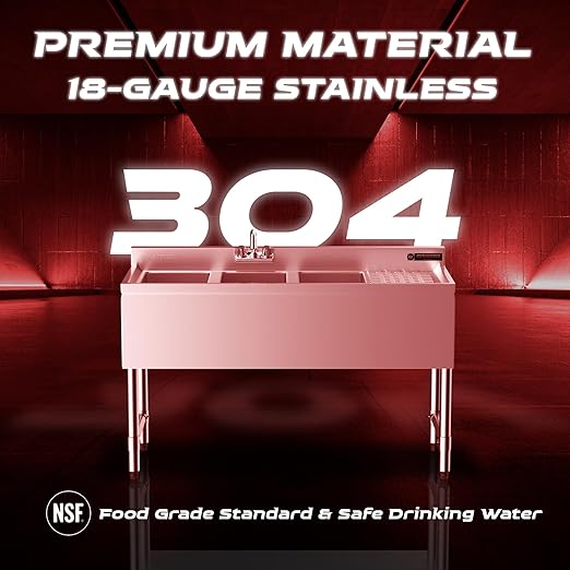DuraSteel 3 Compartment Under Bar Sink - CEC & NSF 304 Stainless Steel 3 Bay Utility Sink with No Lead Faucet - 48" L x 19" W x 33" H - Right Drainboard Commercial Restaurant Grade