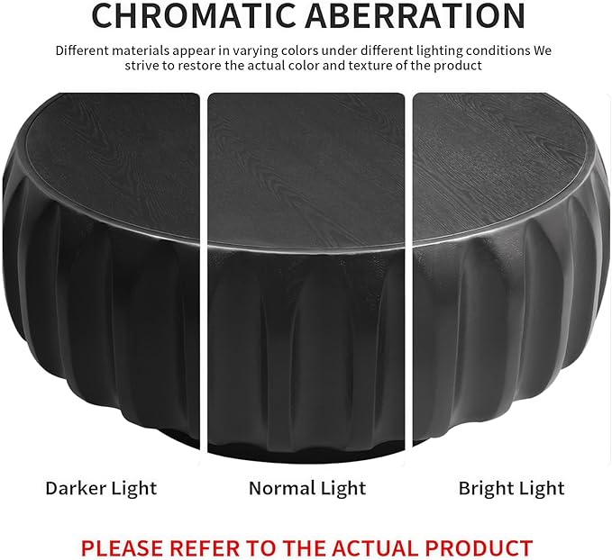 31.5" Drum Coffee Table Modern Round Coffee Table Wood Fluted Centry Table with Solid Wood Veneer for Living Room, Easy Assemble, Black